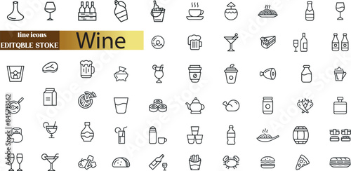 Wine icon set with editable stroke and white background