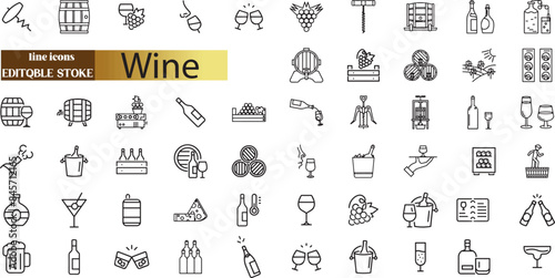 Wine icon set with editable stroke and white background