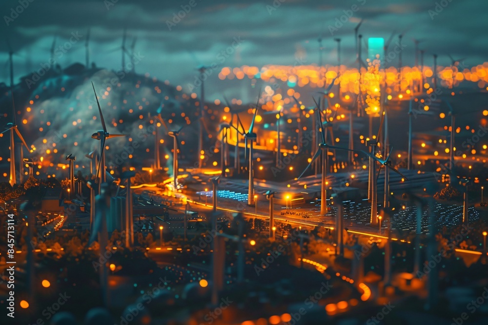 Fototapeta premium Cityscape with wind turbines and green light