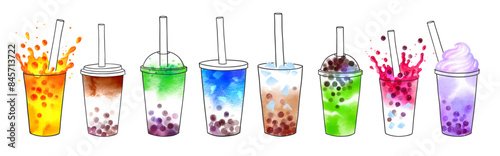 Bubble Tea flavors vector hand drawn watercolor illustrations collection