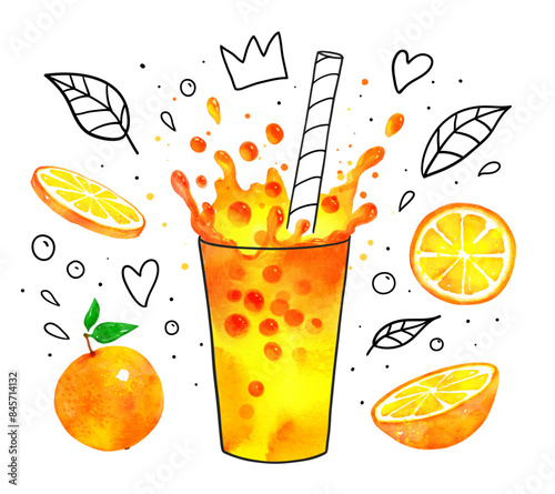 Orange fresh Bubble Tea with splash crown hand drawn vector watercolor illustration with fruit and line art doodles