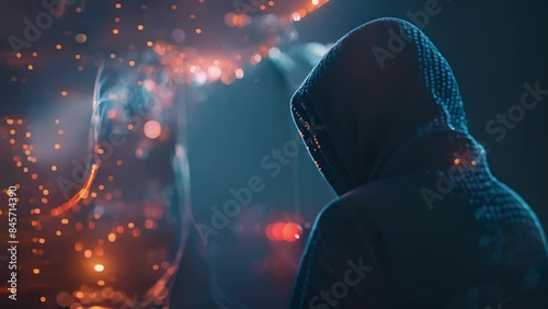 A shadowy figure lurks in the background as digital code swirls around them symbolizing their relentless attempts to infiltrate the unbreakable defenses of the crypto network.