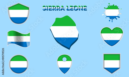 Collection of flat national flags of Sierra Leone with map photo