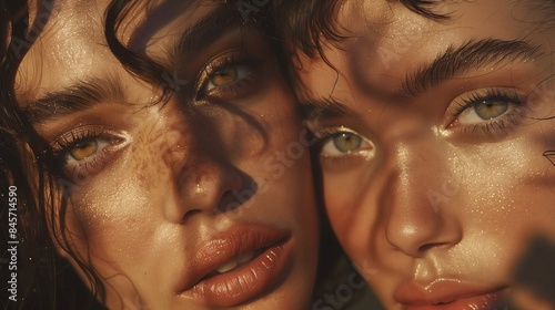 Portrait of beautiful young womans, clean fresh skin, Face care, Facial treatment, Cosmetology, cosmetic, beauty and spa, beige background