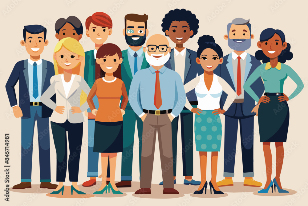 A group of diverse business professionals, both male and female, are standing together in a casual and friendly pose.