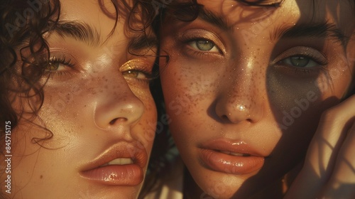 Portrait of beautiful young womans, clean fresh skin, Face care, Facial treatment, Cosmetology, cosmetic, beauty and spa, beige background