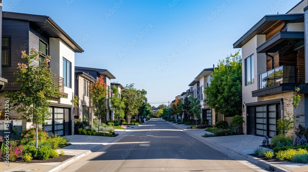 A recently constructed row of three-story single-family homes faces Panorama Park in Richardson, North Dallas. Modern urban housing design near a broad road with adjacent private courtyards A recently constructed row of three-story single-family homes faces Panorama Park in Richardson, North Dallas. Modern urban housing design near a broad road with adjacent private courtyards