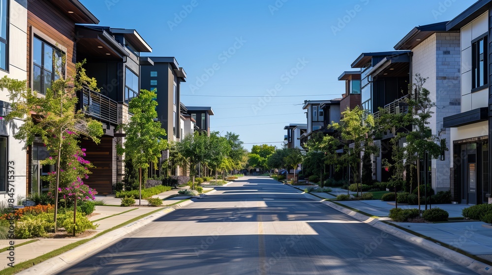 A recently constructed row of three-story single-family homes faces Panorama Park in Richardson, North Dallas. Modern urban housing design near a broad road with adjacent private courtyards A recently constructed row of three-story single-family homes faces Panorama Park in Richardson, North Dallas. Modern urban housing design near a broad road with adjacent private courtyards
