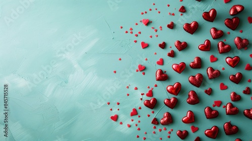 Red hearts spread on blue surface