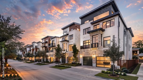 A recently constructed row of three-story single-family homes faces Panorama Park in Richardson, North Dallas. Modern urban housing design near a broad road with adjacent private courtyards