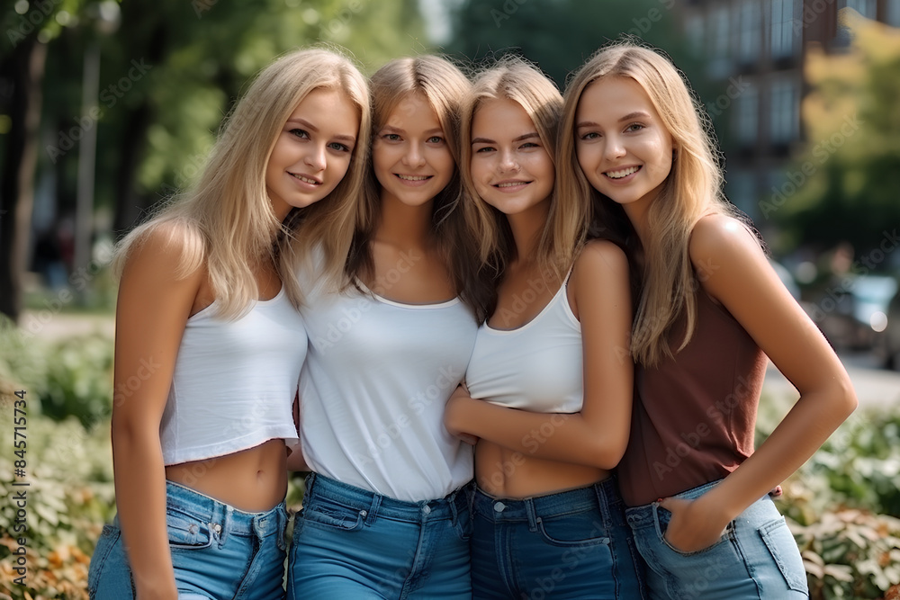 Beautiful young women, attractive girlfriends with beautiful smiles,dressed in jeans and short t-shirt,spend time together in the city Park in the summer, posing for a photograph Beautiful young women, attractive girlfriends with beautiful smiles,dressed in jeans and short t-shirt,spend time together in the city Park in the summer, posing for a photograph