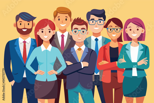 A cartoon illustration of a diverse group of business professionals standing together in a team. They are all smiling and looking confident.