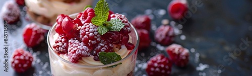 Raspberries and mint leaves in a glass of ice cream, sugar dessert, food background 