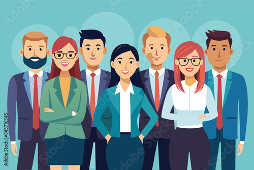 An illustration of a diverse group of business professionals, both men and women, standing together in a modern office setting.