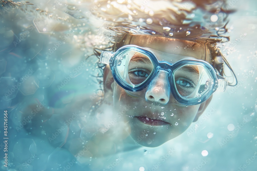 Naklejka premium A young boy wearing goggles swims underwater