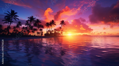 breathtaking tropical sunset over a calm ocean, with the sky ablaze with hues of orange, pink, and purple, and palm trees silhouetted against the vibrant colors,