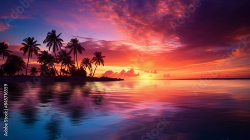 breathtaking tropical sunset over a calm ocean, with the sky ablaze with hues of orange, pink, and purple, and palm trees silhouetted against the vibrant colors,