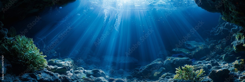 Naklejka premium Enchanting bioluminescent sea cave with glowing jellyfish, ideal for captivating fantasy book covers