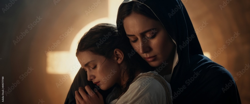Obraz premium Digital illustration Grieving Mother Mary cradles lifeless Jesus