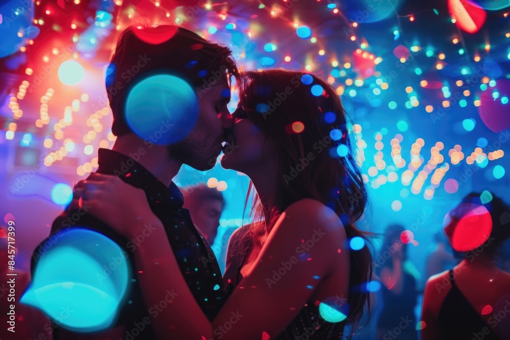 A romantic moment between two people under vibrant lighting A romantic moment between two people under vibrant lighting