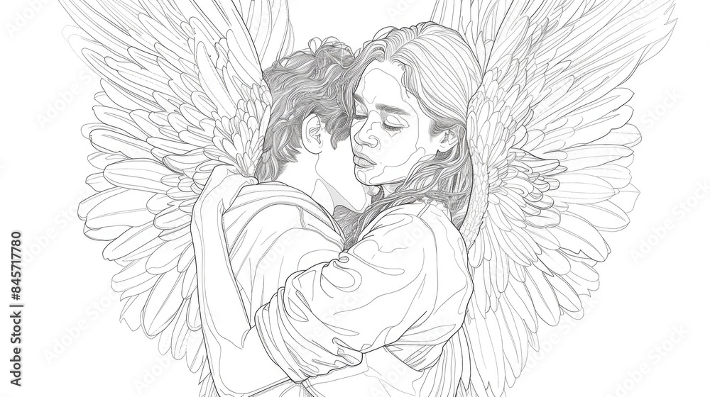 An angel comforts a woman with a warm embrace, providing support and solace An angel comforts a woman with a warm embrace, providing support and solace