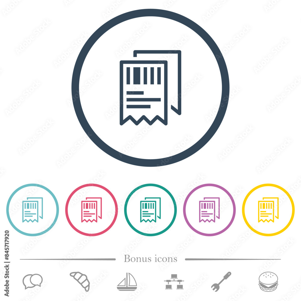 Two receipts with barcode outline flat color icons in round outlines Two receipts with barcode outline flat color icons in round outlines