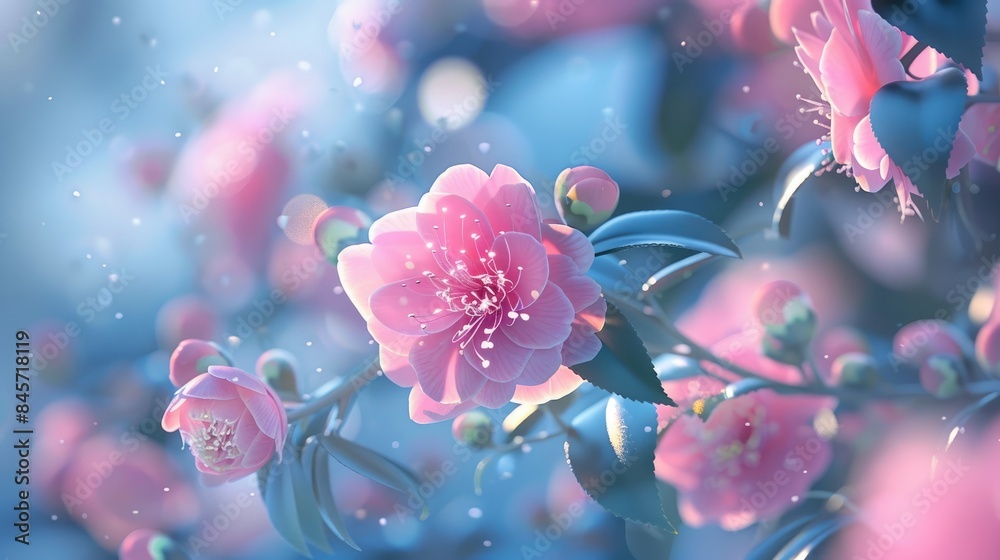 Pink flowers of camellias bloom during the winter Pink flowers of camellias bloom during the winter