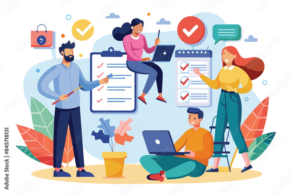 A diverse team of four professionals work together on a project, checking off tasks on checklists and using laptops. A diverse team of four professionals work together on a project, checking off tasks on checklists and using laptops.