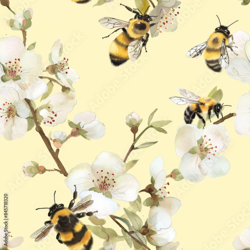 The seamless pattern of bee and sunflower and white flower and leaves. Illustation about bee for background, banner, sticker label, wallpaper, fabric, greeting card