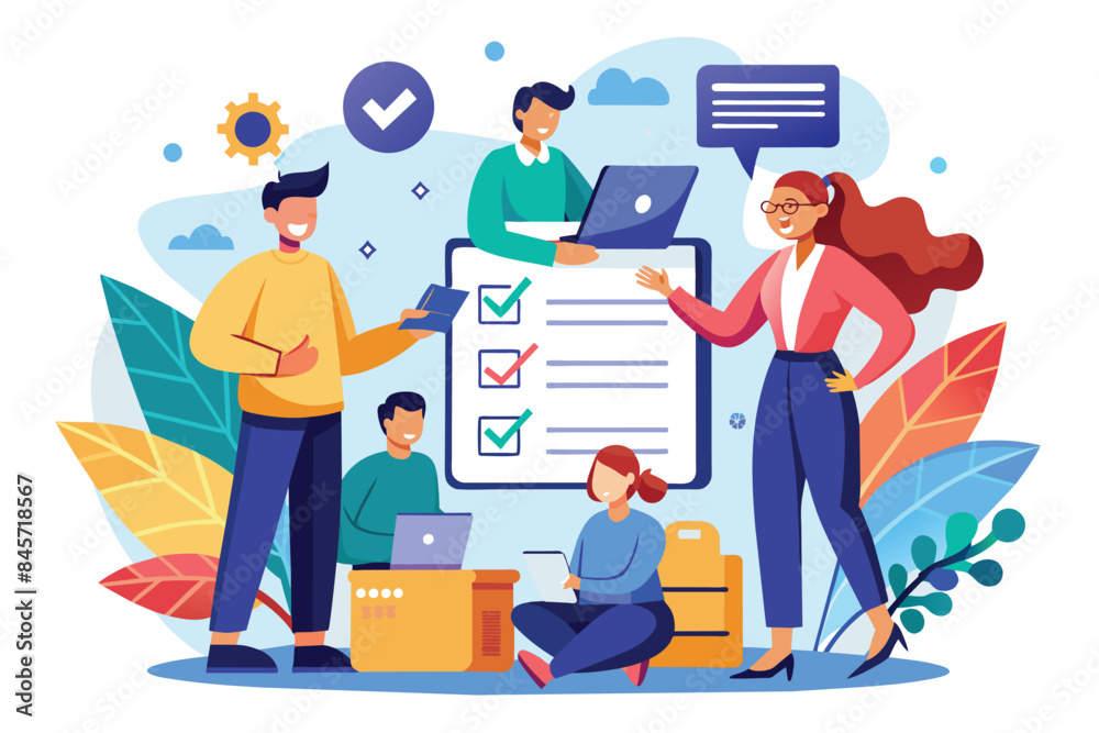 A team of four people are working together on a checklist to ensure successful project completion. A team of four people are working together on a checklist to ensure successful project completion.