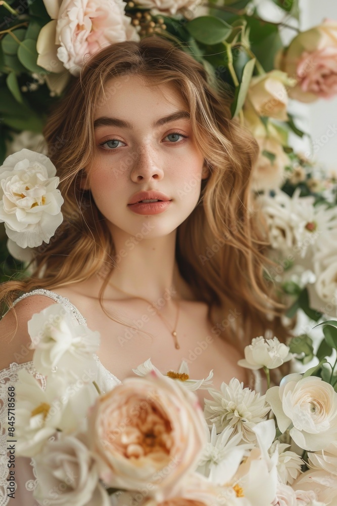 Obraz premium A beautiful young woman surrounded by flowers