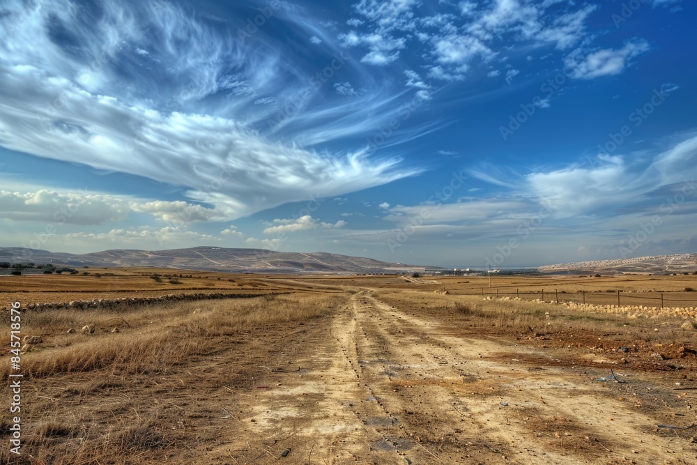 Rural landscape with a dirt road passing through a green field, suitable for use as a background or in stories about rural life