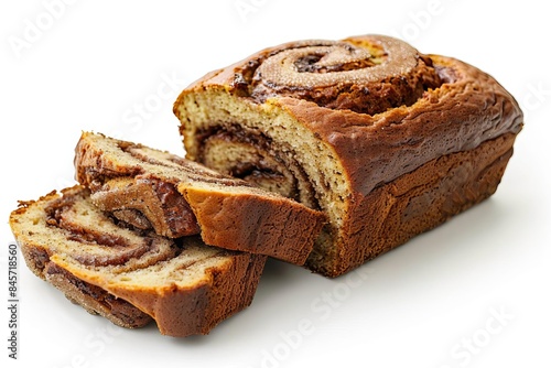 Deliciously swirled cinnamon babka bread, freshly baked and sliced, showcasing its rich texture and intricately layered filling, white background photo