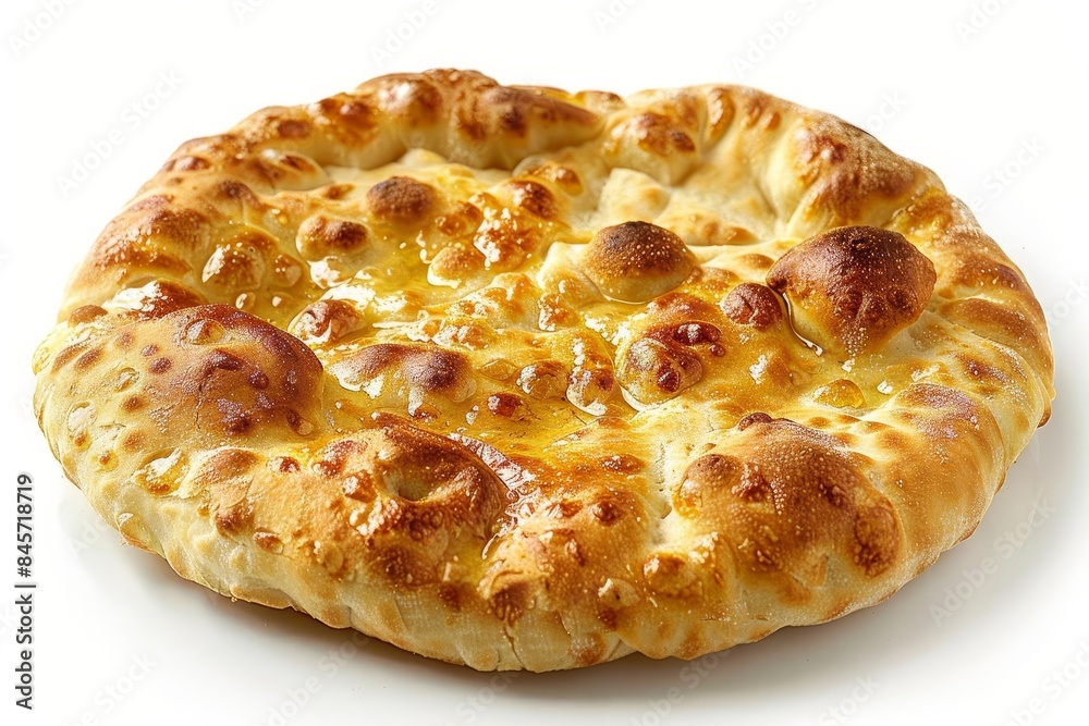 A classic flatbread with a light goldenbrown crust, white background A classic flatbread with a light goldenbrown crust, white background