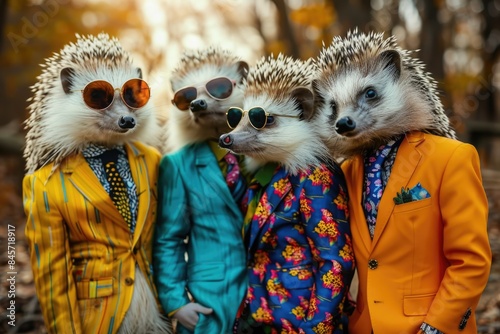 Three hedgehogs wearing colorful suits and sunglasses photo