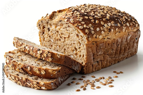 Freshly baked multigrain bread loaf with slices and seeds on white background, healthy homemade bakery product for breakfast or snack, white background