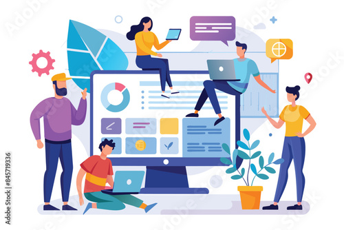 A team of four people are working together on a large computer monitor, analyzing data, collaborating on a project, and using technology to achieve their goals.