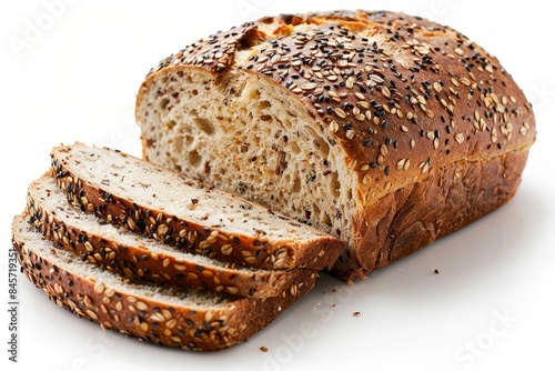 Whole grain bread loaf with several slices cut, showcasing seeded crust. Ideal for healthy eating, breakfast, and sandwich making.