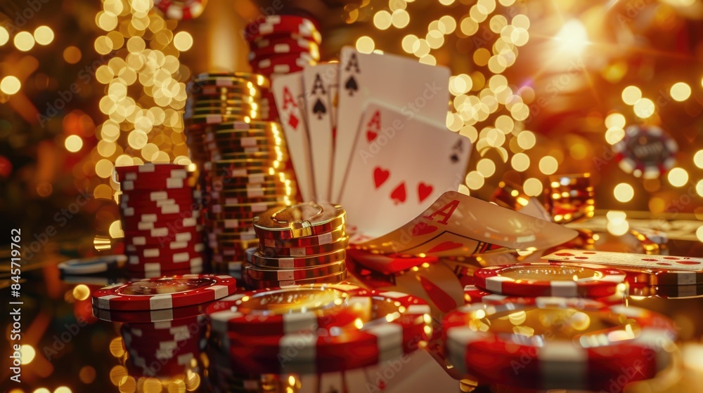 A table filled with poker chips and playing cards, ideal for illustrating a game or event A table filled with poker chips and playing cards, ideal for illustrating a game or event