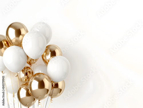 Golden balloons on a white background with text space