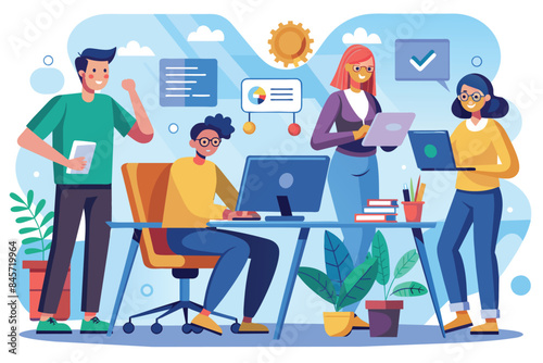 A colorful illustration depicting four diverse professionals working together in a modern office setting. They are engaged in various tasks, using laptops and desktop computers.