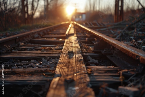 A train track stretching into the distance as the sun sets behind, capturing the warm golden light of the day's end