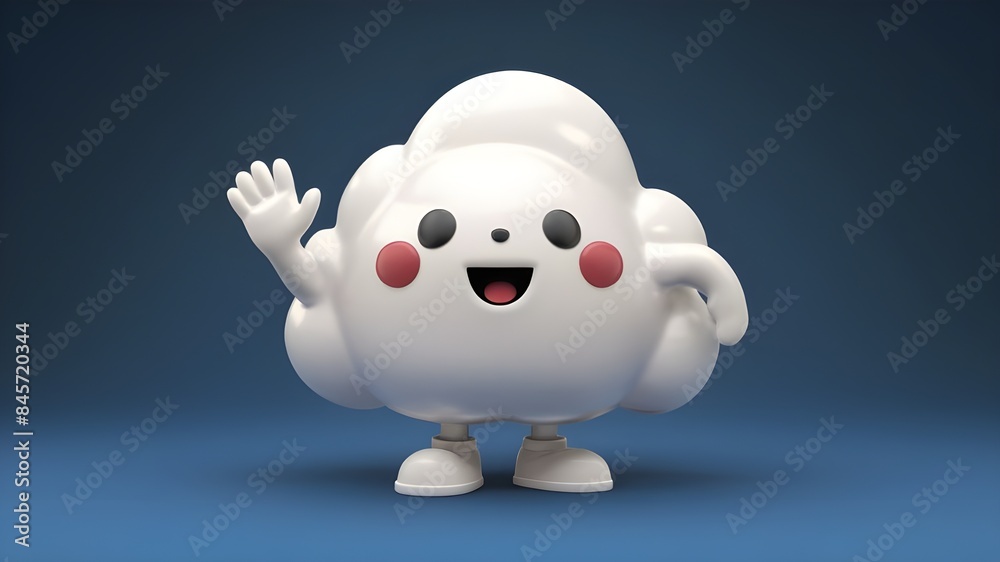 Happy Kawaii Cloud Character Waving on Blue Background Happy Kawaii Cloud Character Waving on Blue Background
