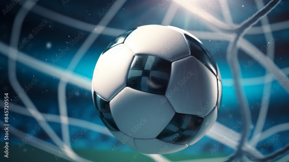 Naklejka premium close-up soccer ball bouncing off the back of the goal post