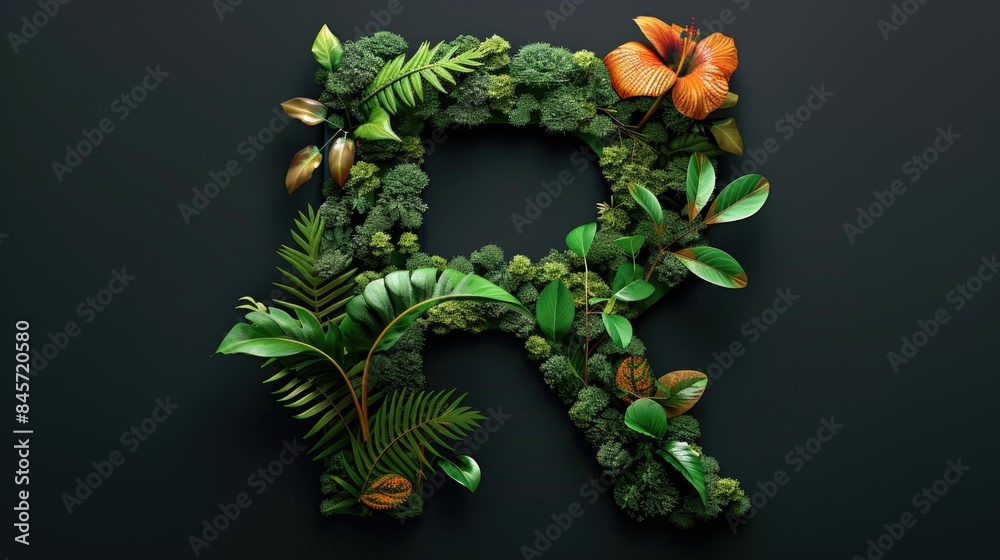 A creative arrangement of broccoli florets and leaves forming the shape of a letter R A creative arrangement of broccoli florets and leaves forming the shape of a letter R