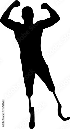 Silhouette of a Disabled Athlete Celebrating Triumphantly, Raising Arms in Victory and Achievement, Symbolizing Determination and Strength.