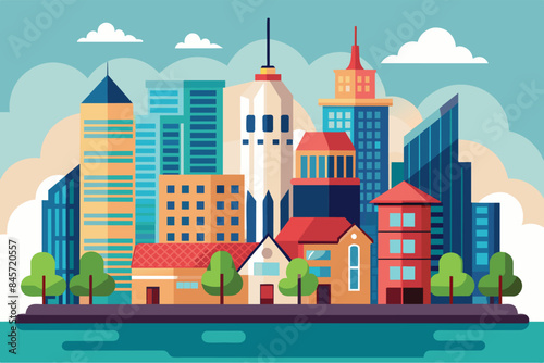 A vibrant, flat illustration of a city skyline with various buildings, including skyscrapers, apartment buildings, and houses, situated next to a waterway.
