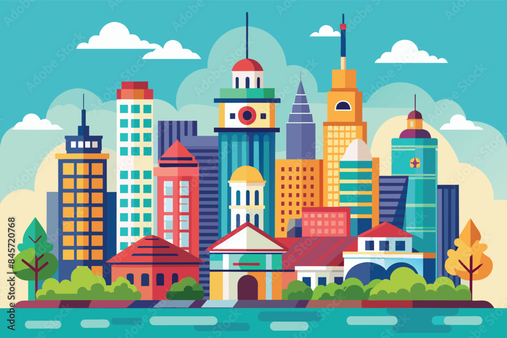This image depicts a vibrant cityscape with a variety of buildings, trees, and a river. The buildings are designed in a flat, This image depicts a vibrant cityscape with a variety of buildings, trees, and a river. The buildings are designed in a flat,