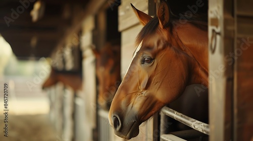 A race horse leans his heads over his stable stall early in the morning