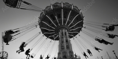 A black and white photograph of a classic carnival Ferris wheel in motion, suitable for use in nostalgic or vintage-themed contexts